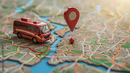 3D rendering of a red bus on a detailed city map with a red pinpoint destination marker