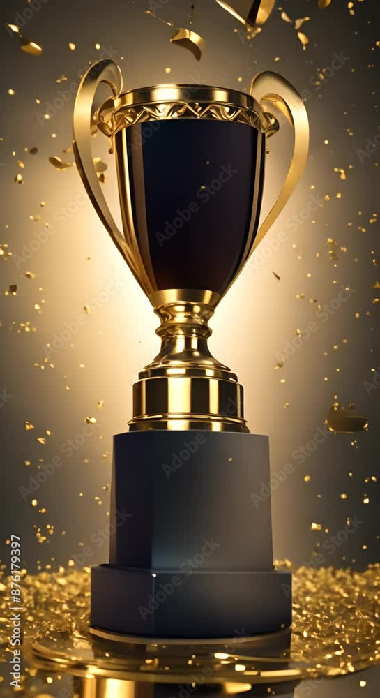 Gold champion trophy Golden trophy with falling golden confetti Victory concept Golden sports cup Winning first place prize in stadium copy space EUFA The UEFA European Football Championship 4k animat