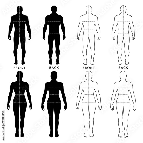 Naked standing fashion man, woman figure bald silhouette
