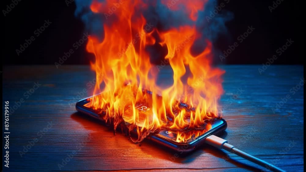 Mobile phone battery overheated burning flames. Smartphone on fire. Burning smartphone with bad battery exploded or overloaded processor