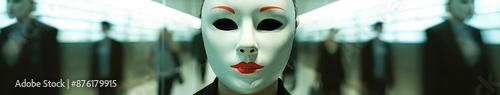 Whimsy in the abstract business world: A lady's comical mask transforms the serious atmosphere into a moment of light-hearted humor. photo