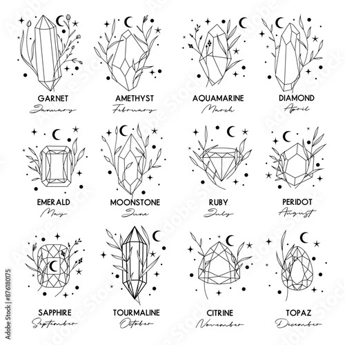 Birth month gems set, vector hand drawn isolated line art gemstones silhouettes, celestial elements and plants for greeting cards and invitations