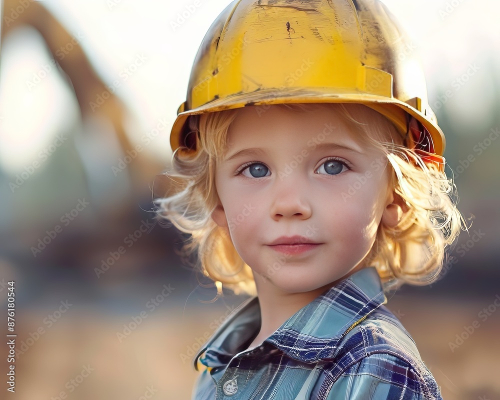 Adorable toddler wearing a hard hat at a construction site Adorable toddler wearing a hard hat at a construction site