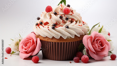 Strawberry cake ornated with sliced strawberries and a black tea