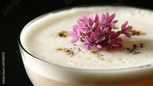  A close-up of a drink in a glass with a flower atop it and a sprig of flowers adorning the top