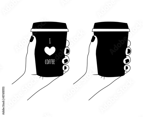 Hand holding cup of coffee, coffee take away hand drawn vector set, line drawing illustration