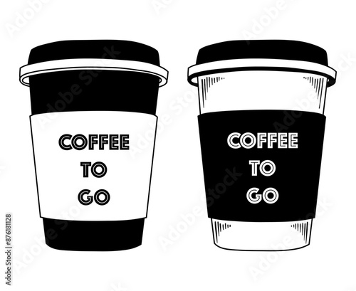 Paper cup of coffee, coffee to go hand drawn vector set, line drawing illustration