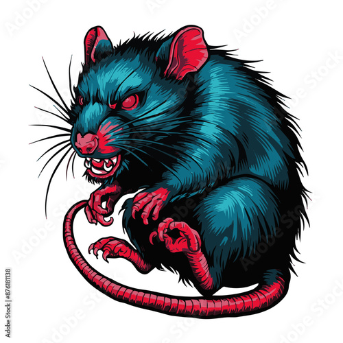 A black tattoo style rat with red claws and tail is snarling