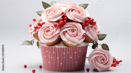 Strawberry cake ornated with sliced strawberries and a black tea