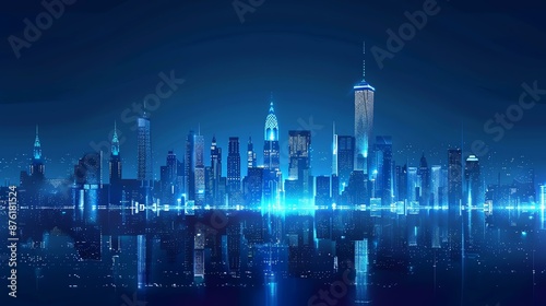 A futuristic city skyline illuminated with blue lights, reflected in the water.