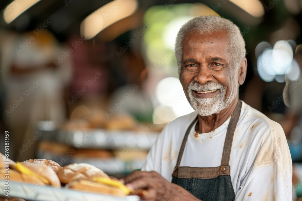 An elderly man with grey hair and beard wearing a food-stained apron smiles sincerely as he stands behind a tray of food, in a vibrant and busy food market. An elderly man with grey hair and beard wearing a food-stained apron smiles sincerely as he stands behind a tray of food, in a vibrant and busy food market.