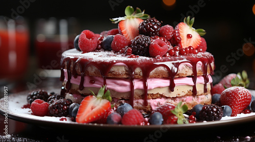 strawberry cake red powdered sweet delicious round on grey desk