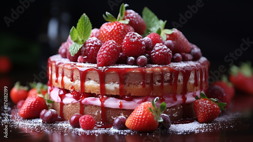 strawberry cake red powdered sweet delicious round on grey desk