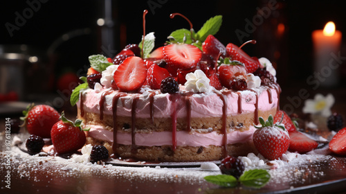 strawberry cake red powdered sweet delicious round on grey desk