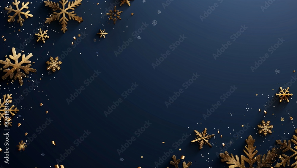 Golden snowflakes on a dark blue background, elegant and festive holiday theme, Christmas cards and banners with copy space Golden snowflakes on a dark blue background, elegant and festive holiday theme, Christmas cards and banners with copy space