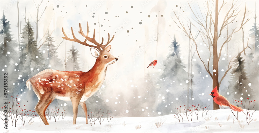 Winter scene featuring a majestic deer and a cardinal in a snowy forest, capturing the tranquil beauty of nature in winter