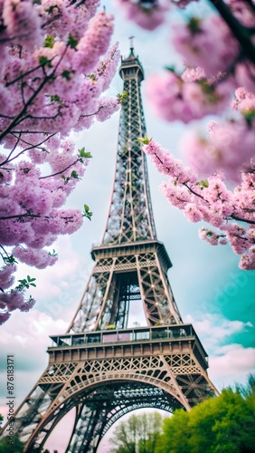 Eiffel Tower standing tall surrounded by lush blooming trees