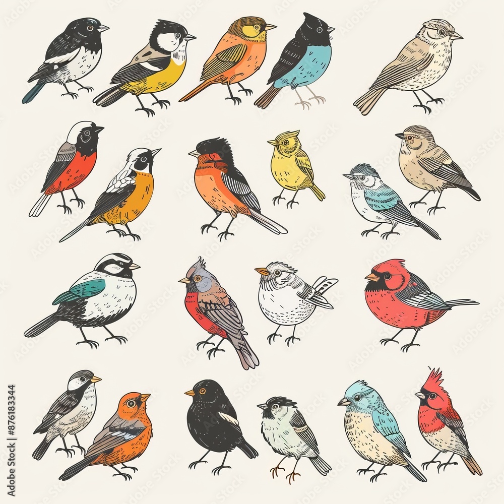 Fototapeta premium Bird doodle icon set, sparrow symbols, bird sign collection, sketched wild animal pictograms