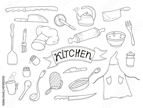 Various kitchen utensils set vector. This detailed and versatile design, including knives, ladle, potholder, apron, is perfect for culinary projects, recipe books,