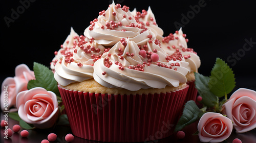 Sweet cupcake decorated with roses isolated on white background