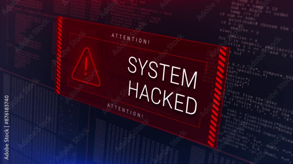 Cyber attack and security breach warning alert message Virus code software hack Hacking attack in Progress, Alert Message, System Breach Computer Virus, Hack, screen attack, cybersecurity, hack