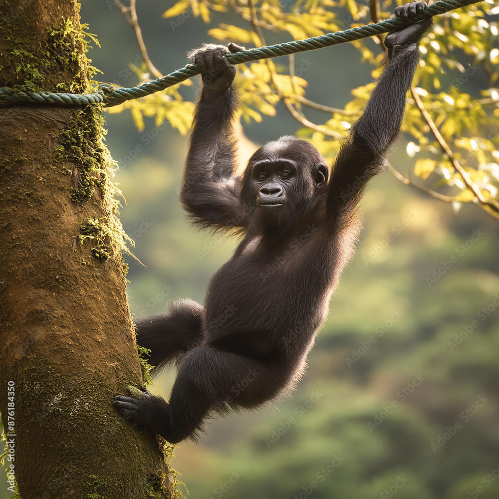 Naklejka premium 고릴라, gorilla, 야생, 대형 유인원, 숲, 아프리카, 식물식, 서식지, 멸종 위기, 튼튼한, 검은털, 은빛 등, 지능, 도구 사용, 사회적, 무리, 수컷, 암컷, 자손, 보호 조치, 생태계, 밀렵, 포획 금지, 자연 보호구역, 동물 보호