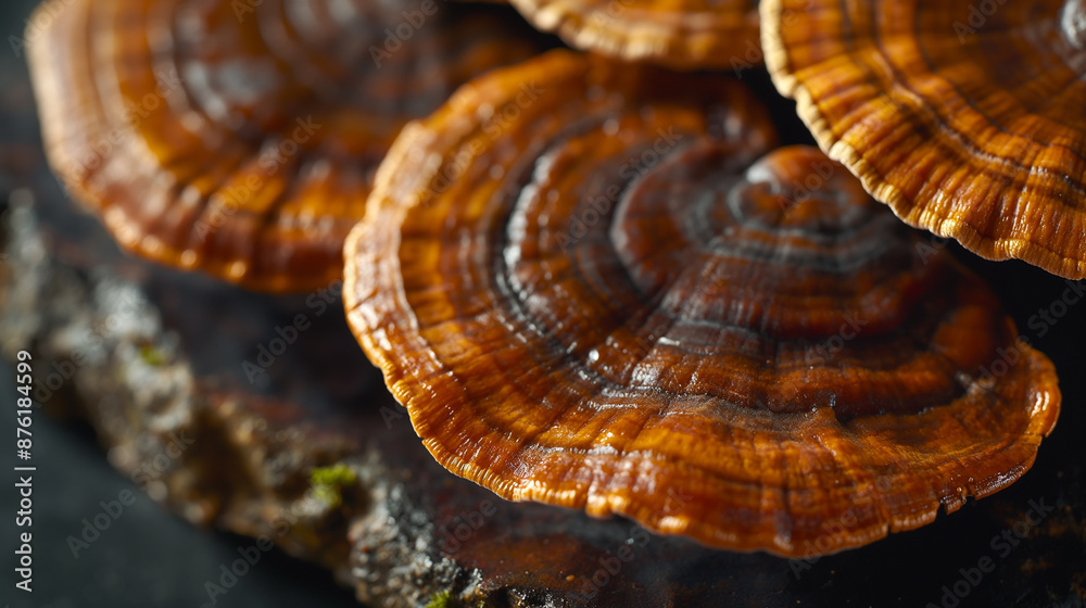 Reishi mushroom growing on a tree trunk in a forest Reishi mushroom growing on a tree trunk in a forest