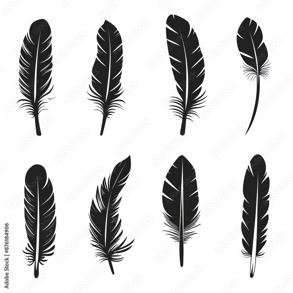 Feather icon, animal feathers isolated, black plume symbol, minimal plume silhouette on white Feather icon, animal feathers isolated, black plume symbol, minimal plume silhouette on white