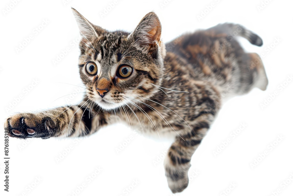 playful tabby cat midleap against a pure white background showcasing its agility and grace with outstretched paws and an alert expression playful tabby cat midleap against a pure white background showcasing its agility and grace with outstretched paws and an alert expression