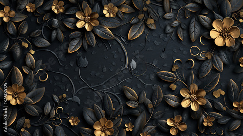 Golden flowers blooming from black vines on textured background