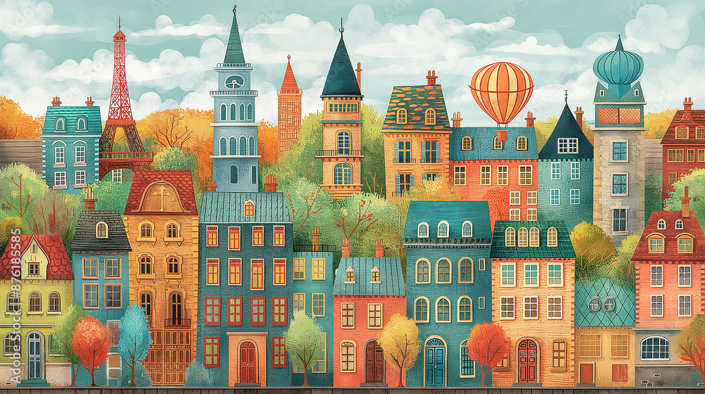 Naklejka premium Idyllic european cityscape with colorful buildings and hot air balloon floating above