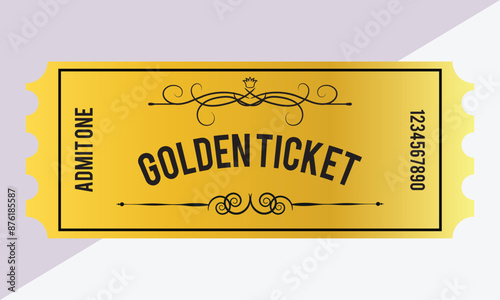 Realistic golden show ticket. Realistic Golden ticket. Admit one. Old premium Gold vintage tickets realistic vector illustration in eps 10.