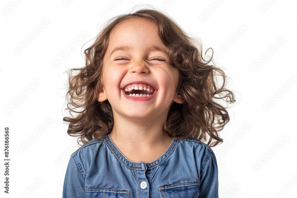 portrait of joyful child laughing and smiling isolated on white background