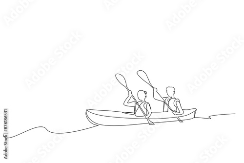 canoe kayak boat athlete people together activity one line art design vector
