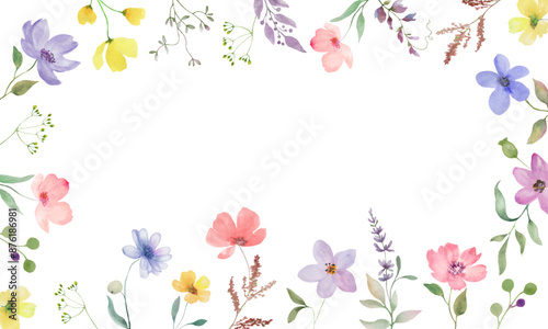 Watercolor floral frame with cute flowers. Hand drawn illustration isolated on white background. Vector EPS.