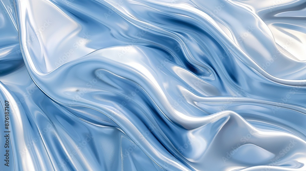 Obraz premium Abstract white and blue background with blurred flowing liquid waves, elegant light silver abstract wavy shapes background