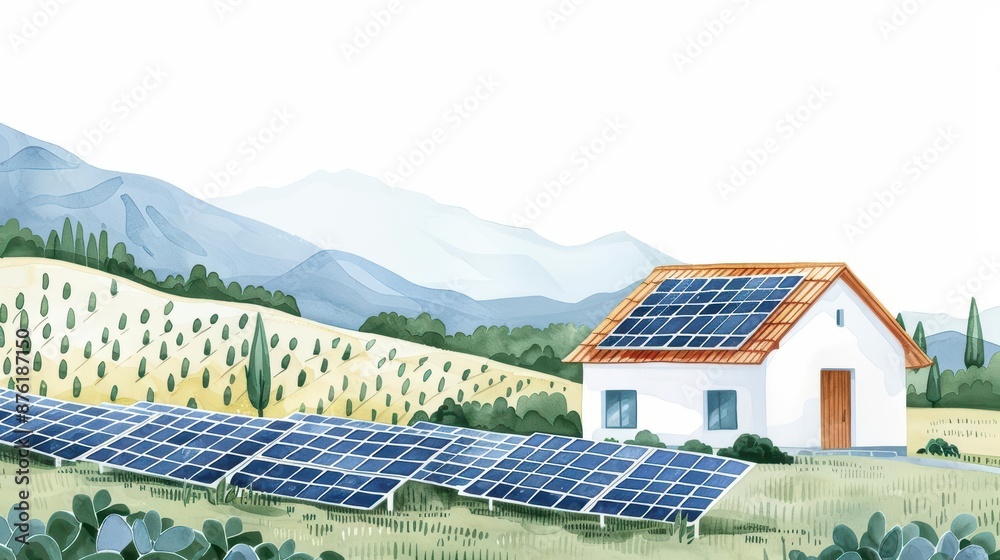 A rich watercolor painting of solar power, showing solar panels converting sunlight into energy on rooftops and open fields, isolate on white background with copy space