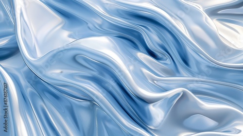 Abstract white and blue background with blurred flowing liquid waves, elegant light silver abstract wavy shapes background
