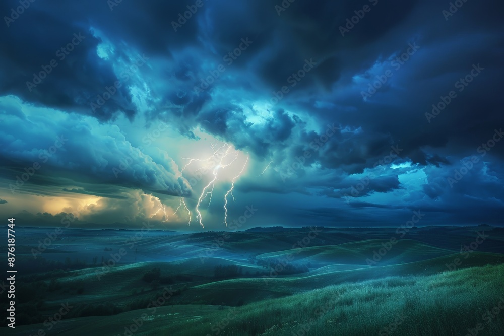 A powerful thunderstorm rages over rolling hills, with dramatic lightning cutting through the dark clouds. The intense atmosphere evokes awe and the raw power of nature's fury. A powerful thunderstorm rages over rolling hills, with dramatic lightning cutting through the dark clouds. The intense atmosphere evokes awe and the raw power of nature's fury.