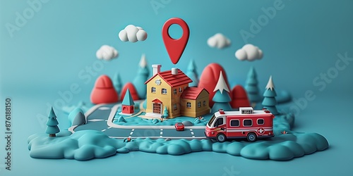 Ambulance and a hospital with a red location pin, set against a dreamy background.