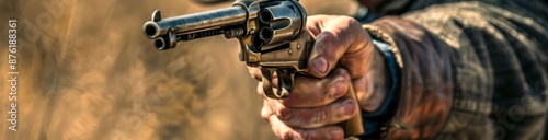 The Raw Western Moment: A Close-Up Shot of a Cowboy Firing His Gun, Capturing the Spirit of the Wild West.