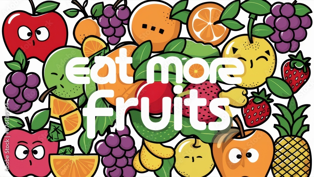 Obraz premium A bunch of fruits with different expressions and words on them, AI