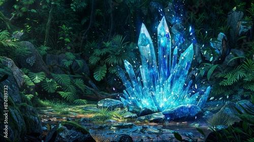A blue crystal emitting light and shining on the ground in an ancient forest surrounded by plants in the style of a fantasy world