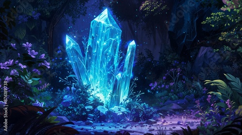 A blue crystal emitting light and shining on the ground in an ancient forest surrounded by plants in the style of a fantasy world