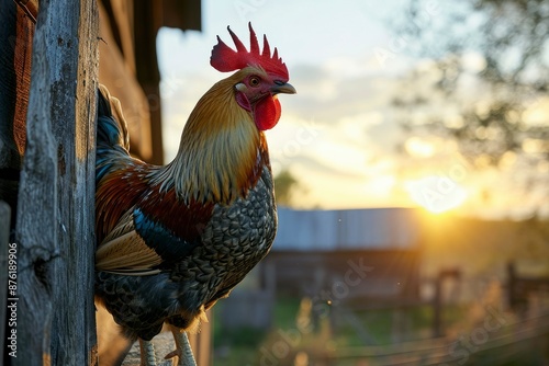A rooster perched proudly on a rustic farmhouse at sunrise showcasing rural beauty and tranquility