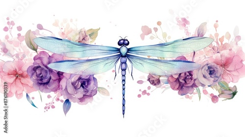 watercolor dragonfly with pink and purple flowers