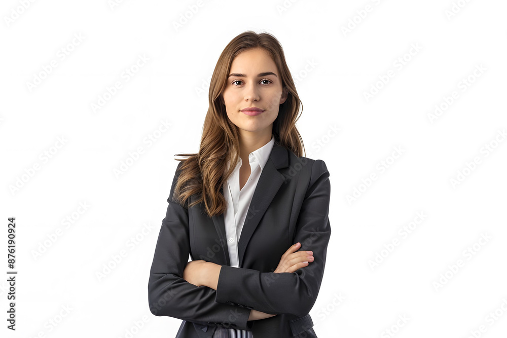Confident young businesswoman in formal attire with arms crossed, looking at the camera against a white background. Confident young businesswoman in formal attire with arms crossed, looking at the camera against a white background.