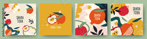 Rosh Hashana, Rosh Hashanah, Jewish New Year greeting card, cover, holiday web banner set. Hand drawn illustration, vector design with apple and pomegranate pattern in trendy modern art style