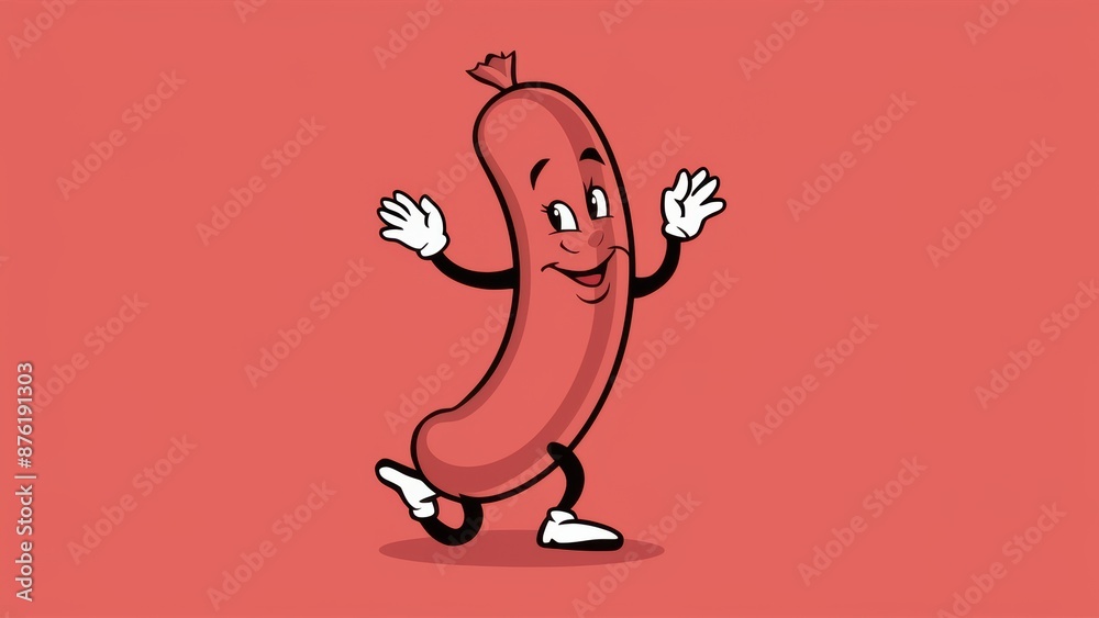 A cartoon hot dog with arms and legs waving on a red background, AI A cartoon hot dog with arms and legs waving on a red background, AI