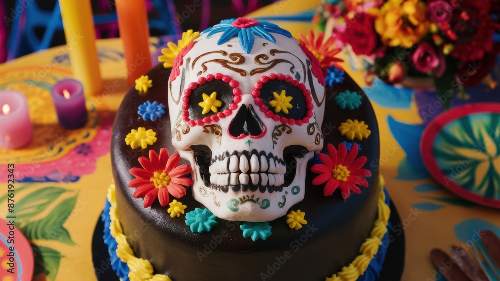 A cake decorated with a skull and flowers on top of table, AI A cake decorated with a skull and flowers on top of table, AI